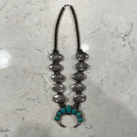 Vintage KOKOPELLI Squash Blossom Necklace TURQUOISE Sterling 24” 147g, VERY RARE - Picture 1 of 12
